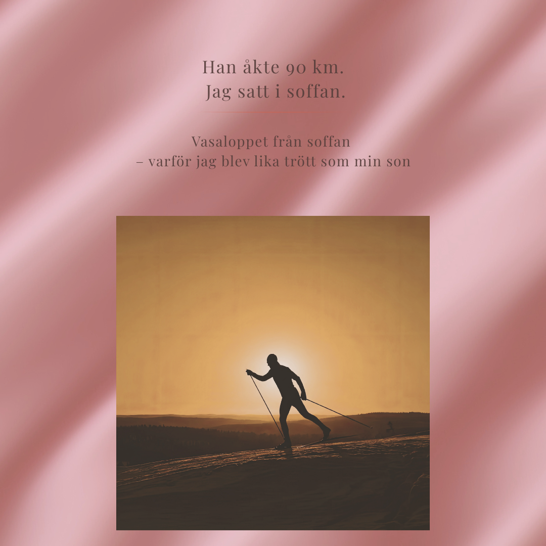 Längdåkare i snöspår under solnedgång – reflektion om att följa sin son genom Vasaloppet