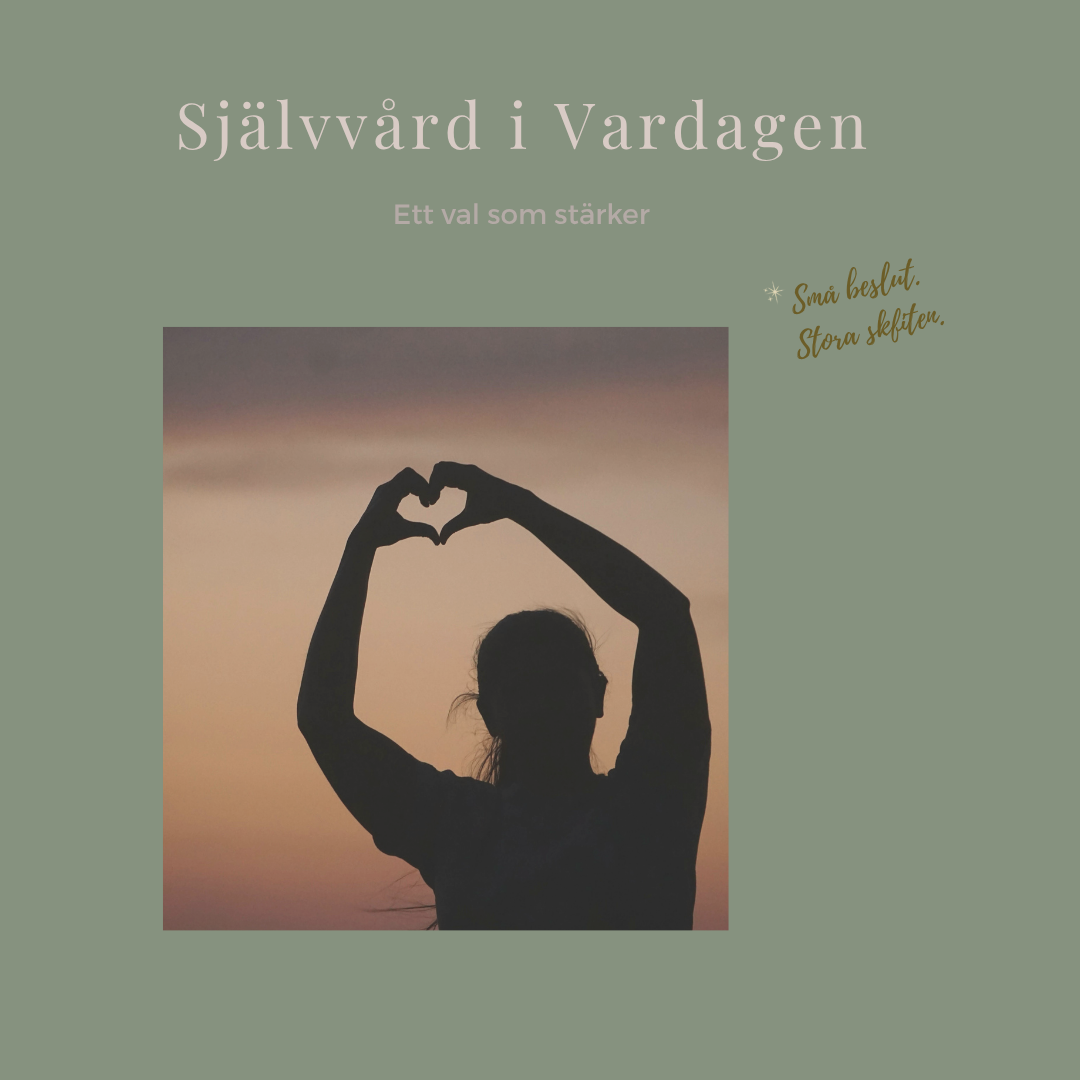Person i silhuett formar ett hjärta med händerna mot en varm kvällshimmel. Bilden symboliserar självvård, omtanke om sig själv och små val som stärker inifrån.